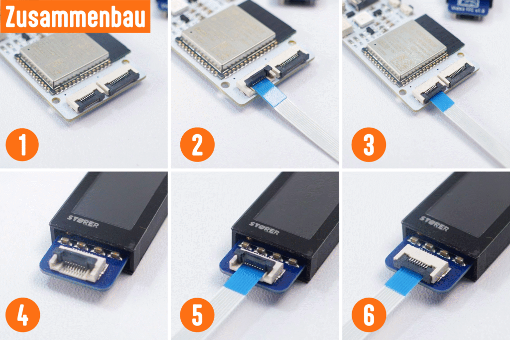 Flachbandkabel anschließen in 6 Schritten — oben der Controller, unten das Display
