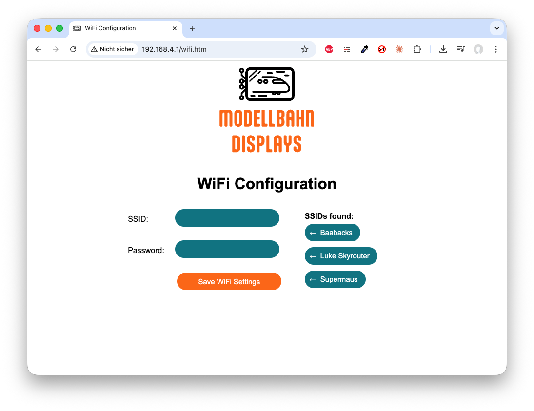 WLAN-Konfigurationsseite — links die Eingabefelder für SSID und Passwort, rechts die Liste der gefundenen Netzwerke