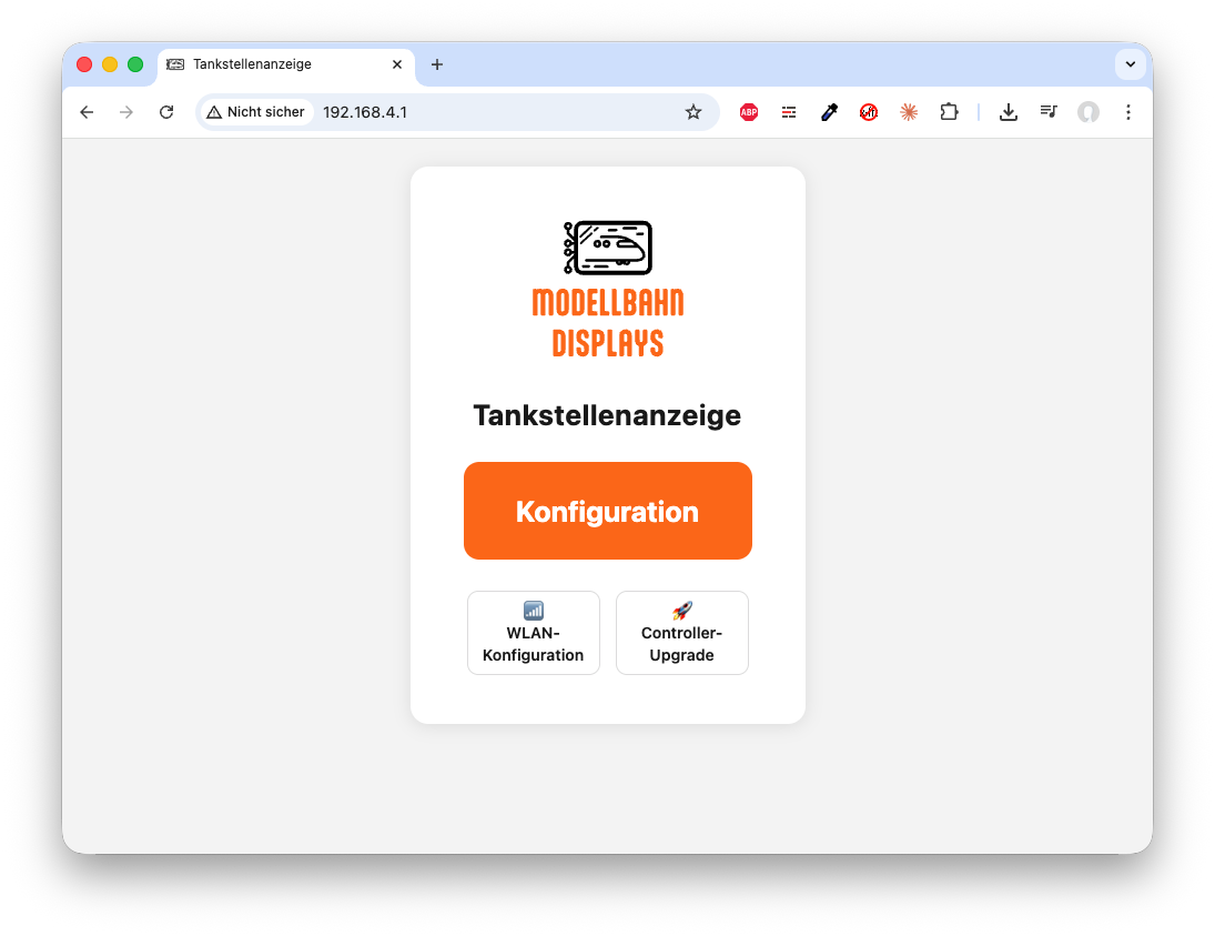 Startseite des Webinterfaces mit den Bereichen Konfiguration, WLAN-Konfiguration und Controller-Upgrade