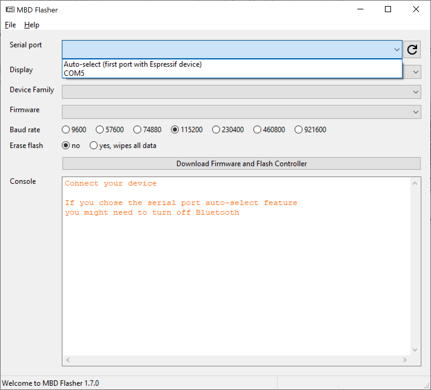 Aufgeklappte Liste Serial port mit den Einträgen Auto-select und COM5