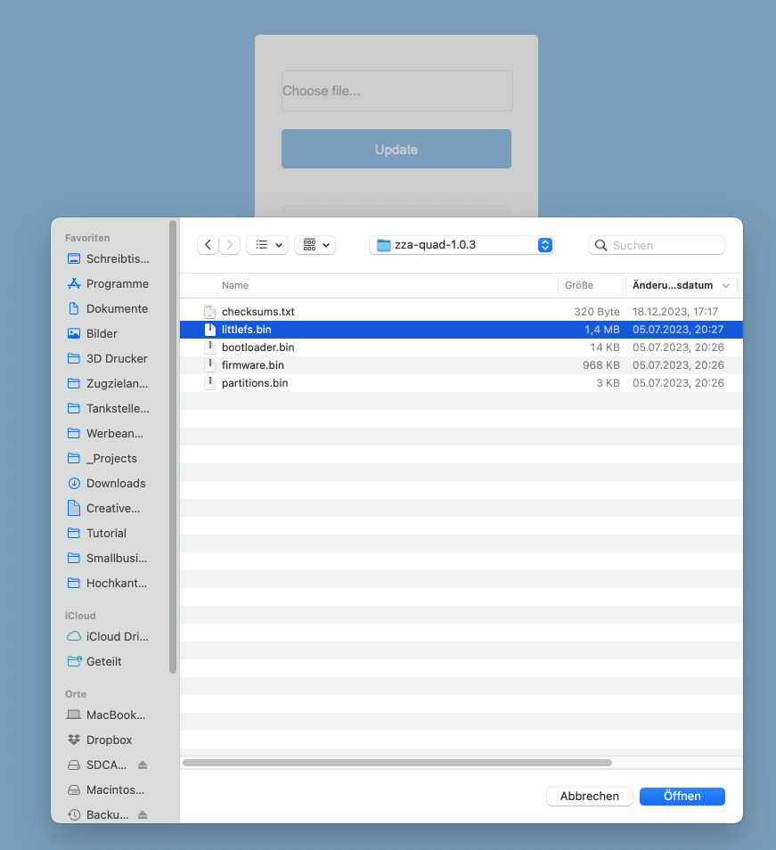 Dateiauswahl im Browser — im entpackten Firmware-Ordner ist die Datei littlefs.bin markiert