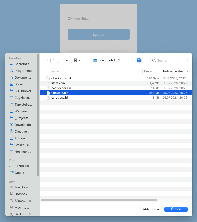 Dateiauswahl im Browser — im entpackten Firmware-Ordner ist die Datei firmware.bin markiert
