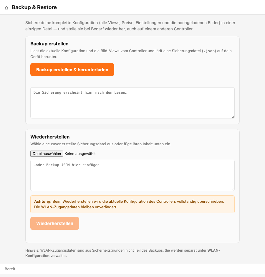 Die Seite Backup & Restore mit den Bereichen „Backup erstellen" und „Wiederherstellen"