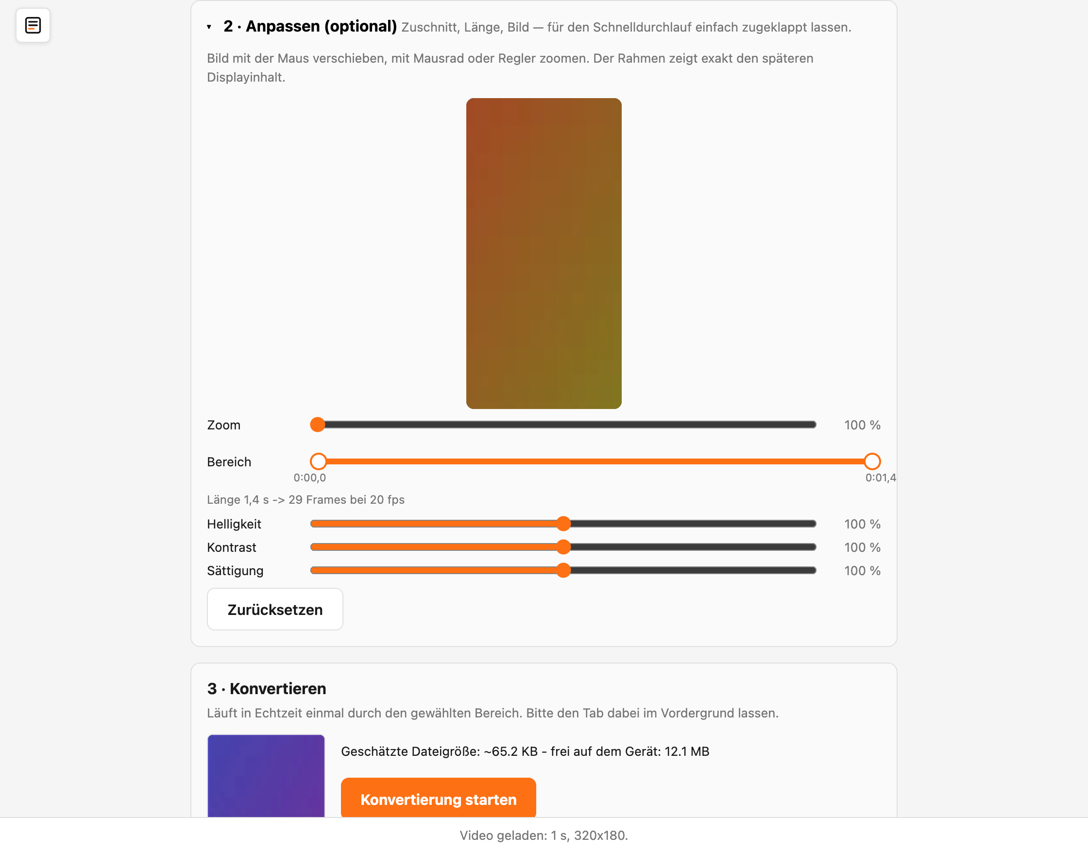 Der aufgeklappte Bereich Anpassen mit Vorschau, Zoom-Regler, Doppel-Regler für Anfang und Ende sowie den Reglern für Helligkeit, Kontrast und Sättigung