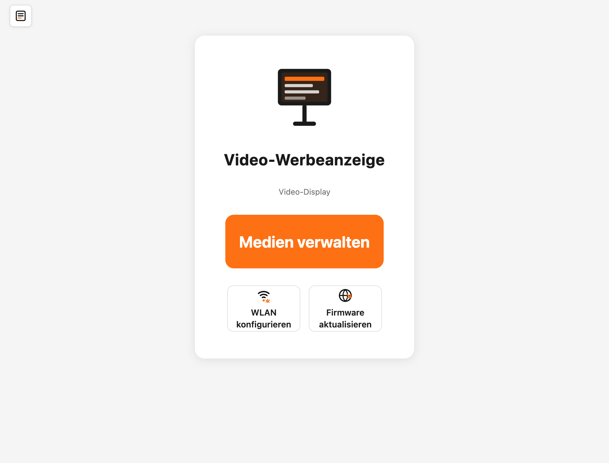 Die Startseite der Weboberfläche mit dem großen Knopf Medien verwalten und den beiden Knöpfen für WLAN und Firmware