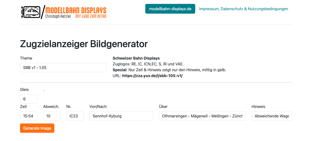 Der Bildgenerator mit der Theme-Auswahl links, den Infos zum gewählten Design rechts und den Eingabefeldern für die Zugdaten darunter