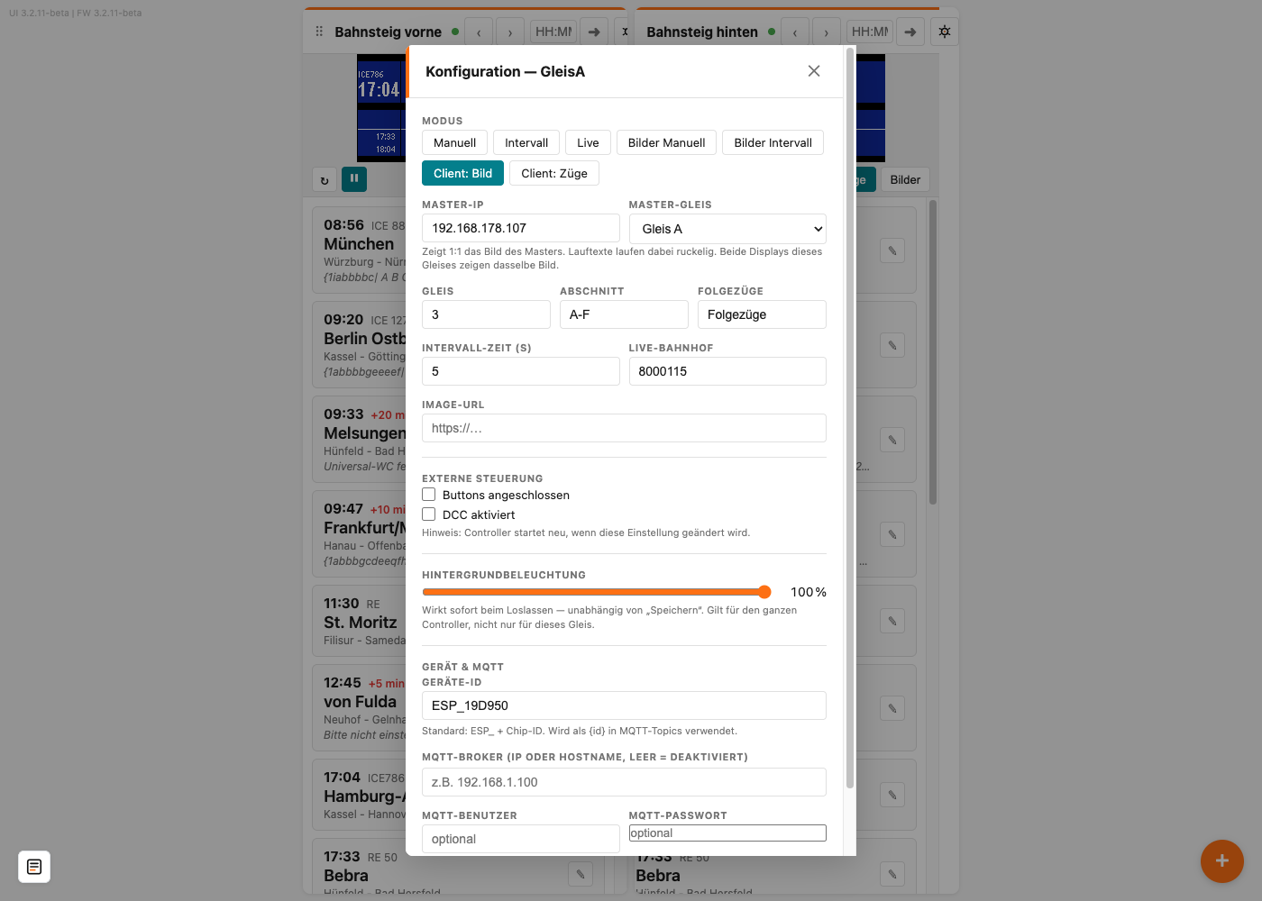 Das Konfigurationsfenster mit der Anzeigeart Client: Bild, darunter die Felder Master-IP mit 192.168.178.107 und Master-Gleis mit Gleis A
