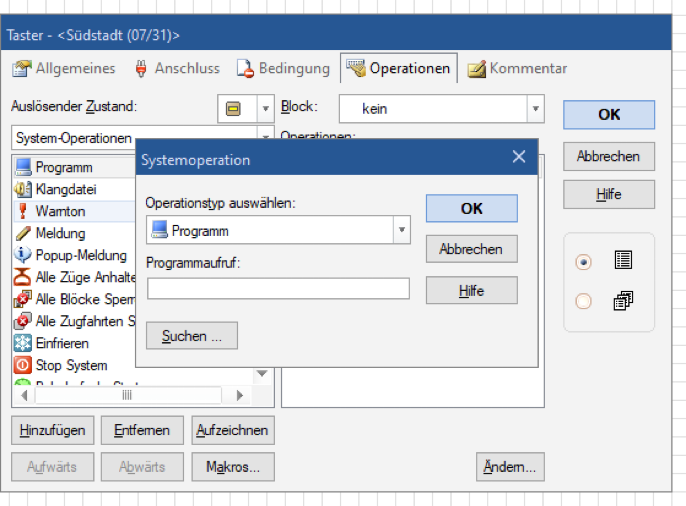 TrainController: das Fenster Systemoperation mit dem Operationstyp Programm und dem noch leeren Feld Programmaufruf